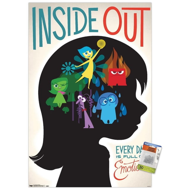 Disney Pixar Inside Out - Affiche Murale d'Émotions, 14,725 Pouces x 22,375 Pouces Mettant en Vedette une silhouette Noire de la Tête d'Un Enfant Remplie de Personnages Colorés Représentant les Émotions : Joie Jaune Tenant une Orbe Lumineuse, Colère Rouge avec des Flammes, Tristesse Bleue avec des Larmes, Dégoût Vert avec une expression Sceptique, et Peur Violette Ayant l'Air Anxieuse, sur un Fond Crème avec Texte « Inside Out' et « Chaque Jour Est