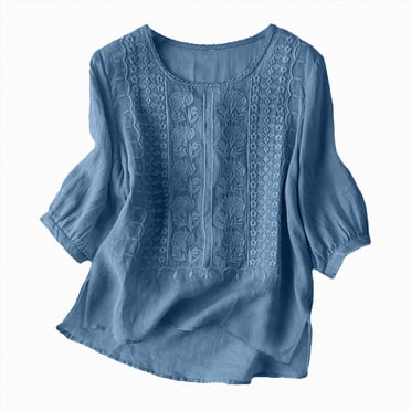 WUANDIXFA Tuniques pour Femmes, Chemises Habillées en Lin pour Femmes, Broderie Rétro, Été, Coupe Ample, T-Shirts à Manches 3/4, Tuniques, Blouses Décontractées, Vêtements Boho, Bleu, m