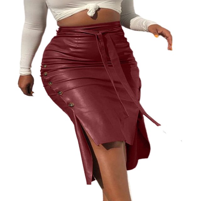 Women High Waist Button Trim Solid Color Slit Bodycon Leather Midi Pencil Skirt