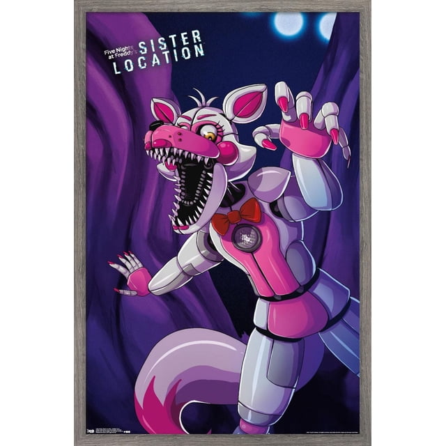 Five Nights at Freddy's : Sister Location - Funtime Foxy Affiche Murale, 14,725 Pouces x 22,375 Pouces Encadrée, Représentant un Personnage Renard Animatronique Orienté vers l'Avant avec Corps Segmenté Blanc et Rose, Dents Tranchantes, Nœud Papillon Rouge et Griffes Allongées, sur un Fond Violet Foncé et Bleu avec des Orbes Lumineux, Idéale pour la Déco de Salle de Jeux et l'Art Mural, Souvent Utilisée pour Personnaliser des Chambres Ou des Bureaux