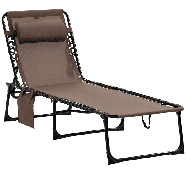 Outsunny Folding Lounge Chair, Reclining Tanning Chair with Adjustable Back in brown. Features a breathable mesh fabric seat supported by bungees, a removable padded headrest for lumbar or neck support, and a side pocket for storage. The chair has a powder-coated steel frame with a weight capacity of 264 lbs (120 kg) and offers 5 adjustable backrest positions. Foldable design for easy transport and storage. Dimensions: 74.4 inches long, 22.8 inches wide, and 11.8 inches high when fully reclined.