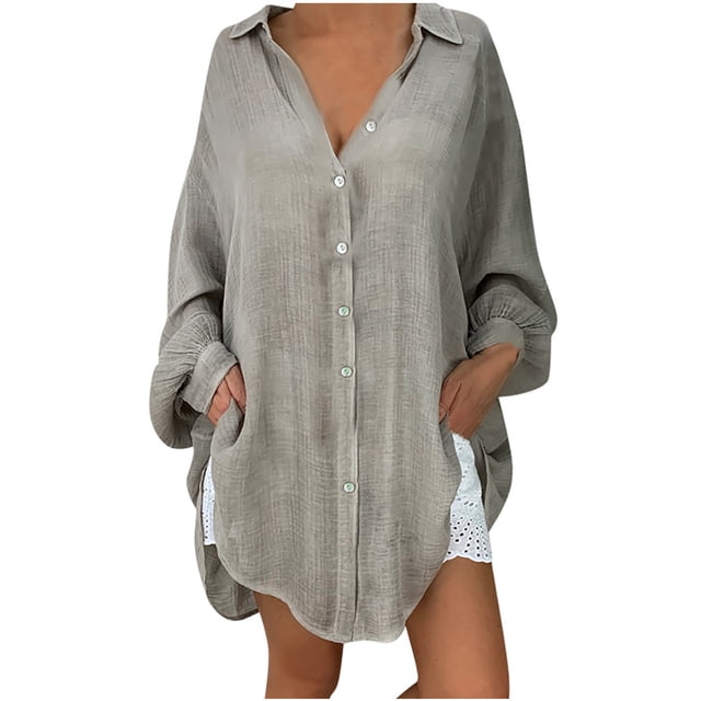 Birdeem Tuniques pour Femmes Amples Décontractées T-Shirt à Col à Revers Dames Manches Longues Blouse à Boucle Hauts