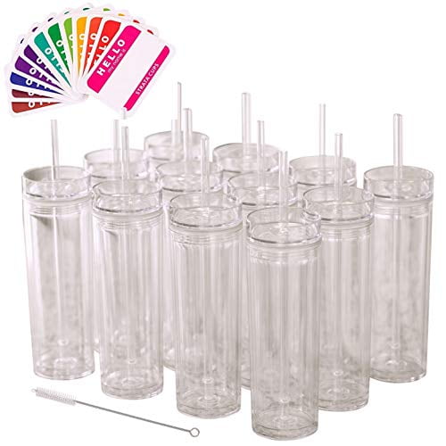 SKINNY TUMBLERS 24 Clear Acrylic Tumblers with Lids and Straws | 16oz Double Wall Clear Plastic Tumblers + FREE Straw Cleaner & Name Tags! Bulk Reusable Cups With Straw - Insulated