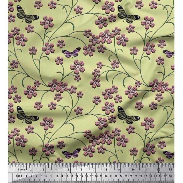 Soimoi Rayon Crepe Fabric Insect,Leaves & Flower Floral Fabric Prints by Yard 46 Inch Wide
