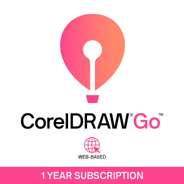 Corel DRAW Go Abonnement de 365 Jours logo de Téléchargement Numérique Montrant une Icône de Plume Dégradé Rose à orange au-Dessus du Texte Noir et Rose CorelDRAW Go, un Symbole de Curseur de globe Basé sur le Web, et une Bannière d'Abonnement de 1 An, Indiquant un Logiciel de Conception Graphique en Ligne avec des Fonctions de Montage Vectoriel