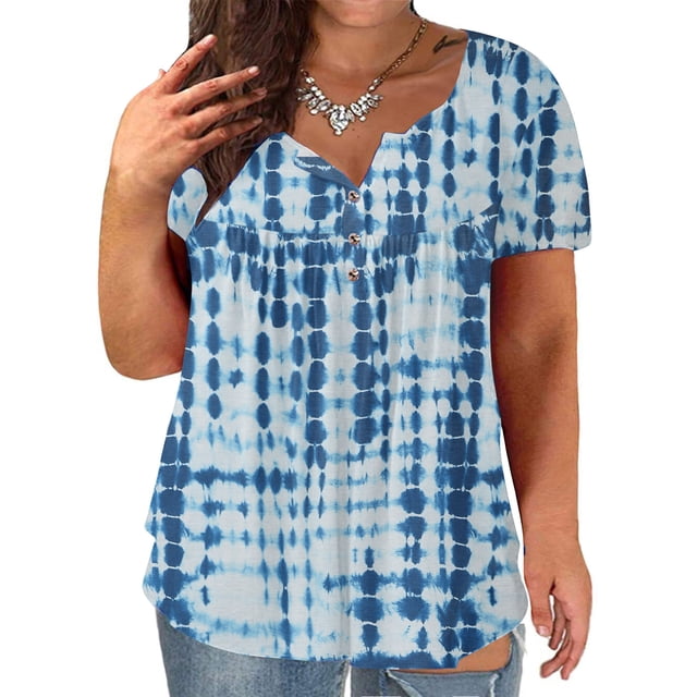 TIMIFIS Women's Plus Size Tunic Tops Summerhort Sleeve V Neck Blouses Ruffle Flowy Button Up T Shirts