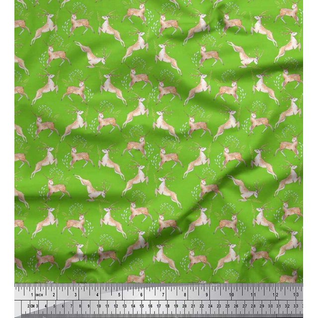 Soimoi Modal Satin Fabric Leaves & Reindeer Animal Fabric Prints By Yard 42 Inch Wide