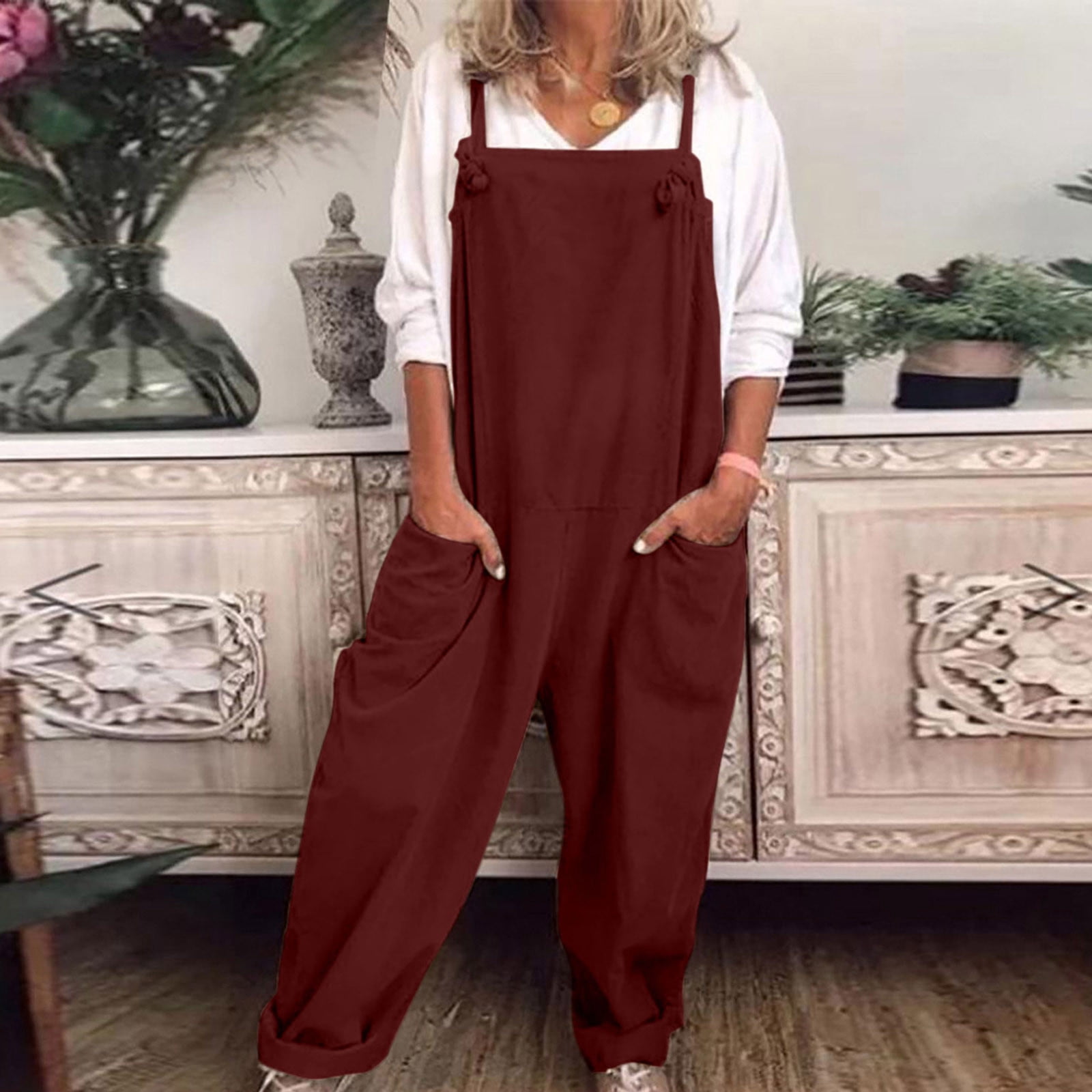 Fankiway Salopette Décontractée Ample pour Femme, Coton et Lin, Taille P