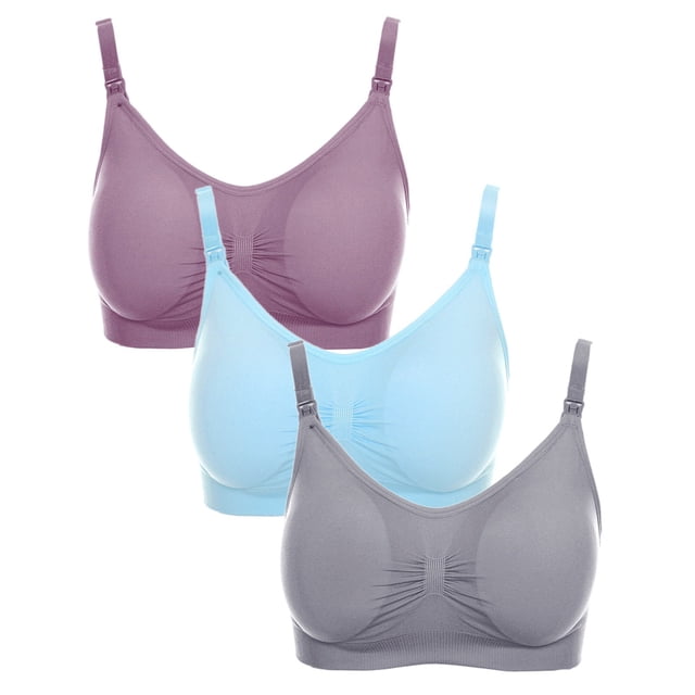 LSLJS 3Pcs Pregnant Women's Plain Color Bra Nursing Bras Vest Tops featuring a set of three nursing bras in purple, light blue, and grey. Designed with a crossover front for easy breastfeeding, adjustable shoulder straps, and soft, breathable fabric for comfort. Suitable for maternity, nursing, and everyday wear.