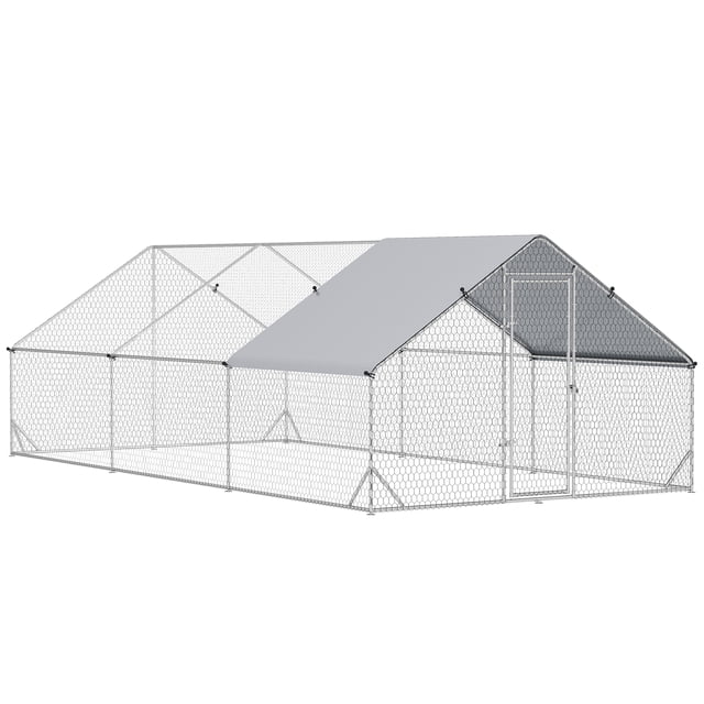 PawHut Grande Cage Galvanisée Chicken Coop à Entrée Piétonne Mesurant 9,8 Pieds par 19,7 Pieds par 6,6 Pieds. la Coopérative Présente un Cadre Robuste en Acier Galvanisé avec des Parois Hexagonales en Treillis Métallique et un Couvercle PE Résistant aux Intempéries pour l'Ombre. Elle Comprend une Porte Galvanisée Verrouillable pour une Sécurité Accrue et Convient pour Abriter 12-18 Poules, Lapins, Canards Ou Autres Petits Animaux. l'Enceinte Argentée Est Conçue pour une Utilisation Extérieure et Peut Être Assortie à des cages en Bois