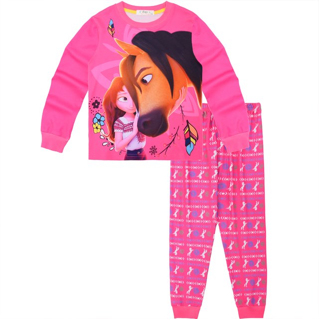eKids Filles Spirit Riding Free Pyjamas, un Ensemble de Pyjama pour Enfants avec un Haut Rose à Manches Longues Mettant en Vedette Spirit et Lucky de l'Animation DreamWorks, Assorti à des Bas de Pyjama en Coton Pleine Longueur à Motif floral et à Carreaux Bleus. Parfait pour Tailles 3-8.