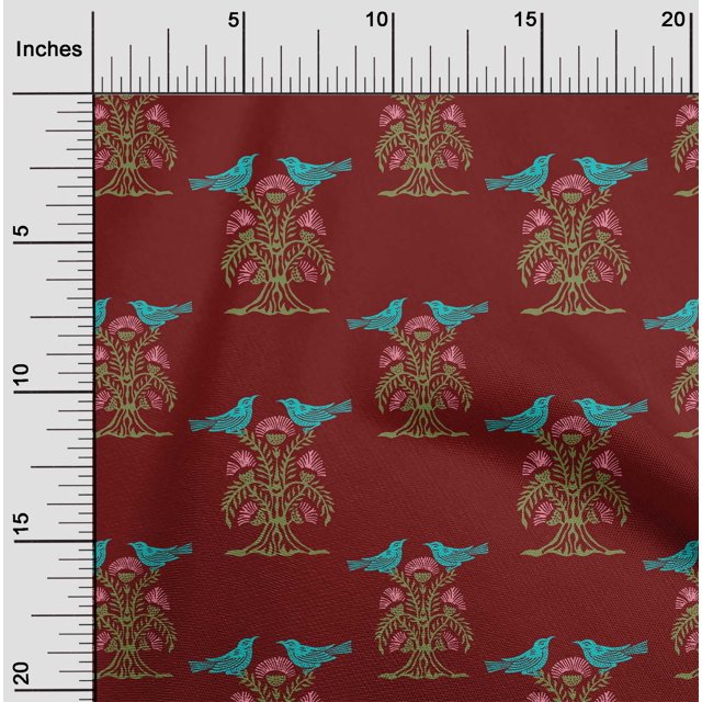 oneOone Cotton Silk Fabric Bird & Tree Block Print Fabric By The Yard 42 Inch Wide