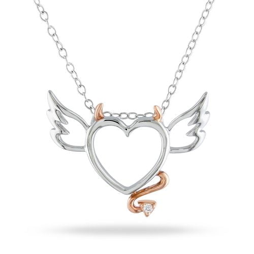 Miabella Diamond Accent Devil-Heart Pendant in two-tone sterling silver featuring an open heart with wings, pink rhodium-plated devil horns and tail, accented by a 1.3mm round-cut diamond, hanging from an 18-inch round cable chain with spring ring clasp, suitable as a distinctive pendant necklace.