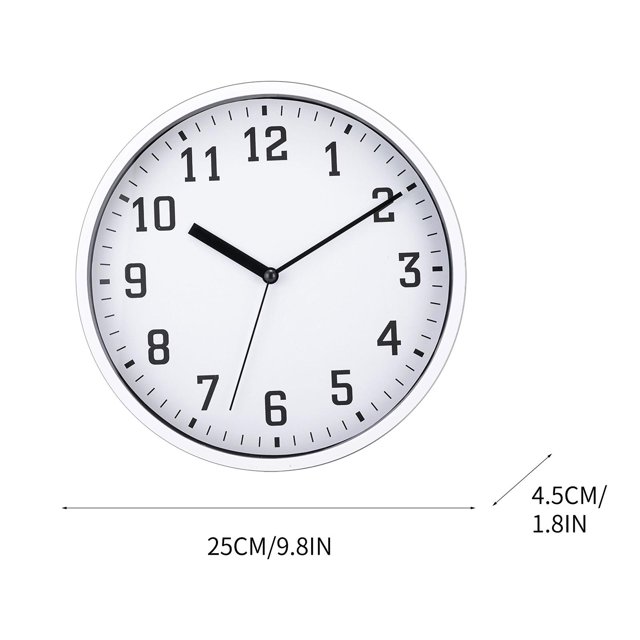 Japceit Mute Wall Clock Creative Fashion Living Room Three-dimensional Digital Scale Clock Plastic Clock 10 Inch 25CM. The clock features a white face with bold black numbers for easy readability from all angles. It has a silent quartz mechanism for accurate timekeeping and a sturdy plastic case with a glass lens for durability and easy cleaning. Measuring 25 cm (9.8 inches) in diameter and 4.5 cm (1.8 inches) in depth, this battery-powered clock is suitable for kitchens, offices, bedrooms, classrooms, and more. Requires one AA battery, not included.