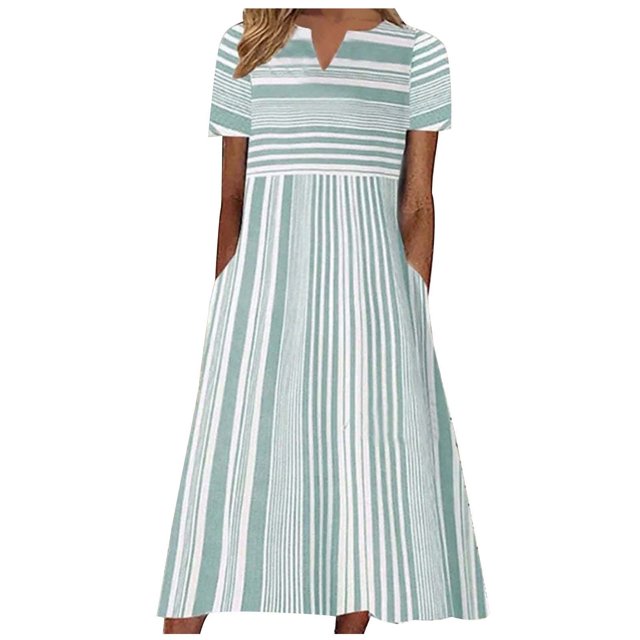 EQWLJWE Longue Robe pour Femmes Mode Féminine Décontractée à Manches Courtes Col en V à Rayures Imprimé avec Poche Robe Maxi