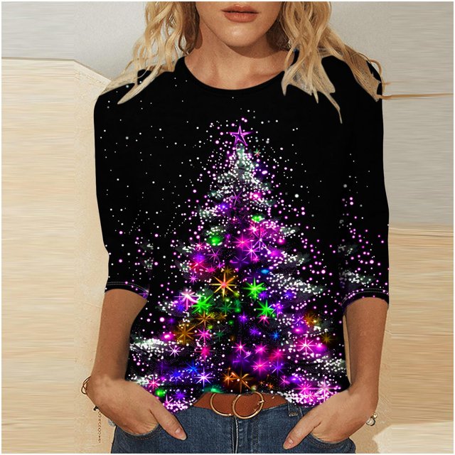 Meichang Chemises de Noël pour Femmes Grande Taille Manches 3/4 Col Rond Hauts de Vacances Classiques T-Shirts Graphiques Arbre de Noël en Solde Cadeaux de Noël
