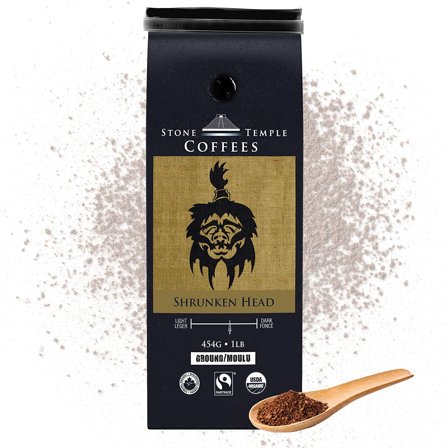 Stone Temple Coffees - Shrunken Head, Ground, Medium Roast, Certified USDA & COR Organic and Fair Trade, 100% Arabica Grade A, 1lb/454g Bag