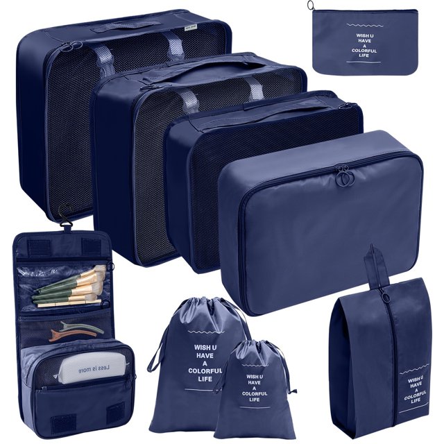 YOPTOP 9-Piece Set of Large Capacity Travel Pack Cubes Lightweight Travel Luggage Organizers - Portable Clothes Storage Bags - Easygoing Casual Travel Bags - Made of Polyester,Navy blue 9 pieces