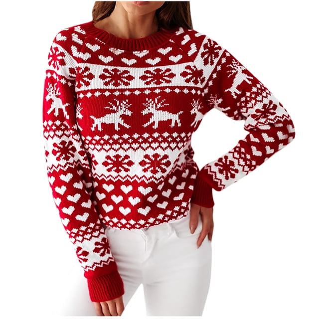 Haut de Chandail Ample à Manches Longues Confortable pour Femmes à Col Rond avec Imprimé de Noël, de Couleur Rouge Vif, avec Motifs Festifs Blancs, Incluant Renne, Flocons de Neige et Cœurs. Le Chandail Présente une Coupe Décontractée avec Poignets et Ourlet Côtelés, Style avec Pantalon Blanc pour un Style Décontracté. Convient au Port Quotidien en Automne et au Printemps Ou aux occasions Festives.