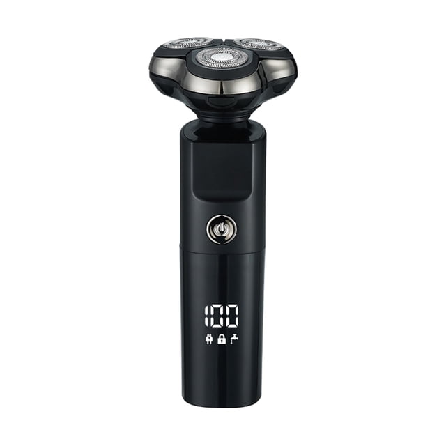 Men's Electric Shaver with 3 floating blades, designed in black with an LED battery level display. This foil shaver is IPX7 waterproof, featuring a detachable, washable head for convenient cleaning. Powered by a 600mAh rechargeable battery, it offers 60 minutes of run time and USB charging functionality. Made from durable ABS material.