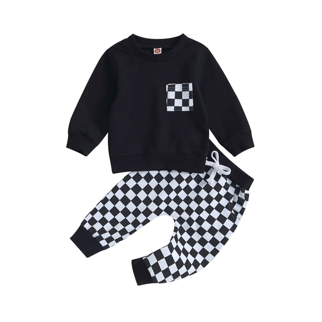Gupgi Baby Boy Fall Outfits Checkered Plaid Pullover Pants 2Pcs Set featuring a black long-sleeve pullover with a checkerboard pocket and matching black-and-white checkerboard drawstring pants. Made from a cotton blend, this outfit is lightweight and skin-friendly, suitable for boys aged 0-3 years. Ideal for casual wear, family gatherings, or photo shoots.