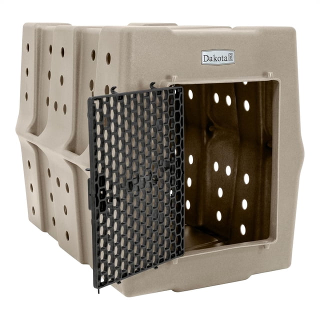 Dakota 283 Canine Rough and Tough Economy Pet Kennel, X-Large, Sandstone. A durable dog crate made from military-grade polyethylene with a rugged, one-piece design for safety during travel or home use. Includes a dual-direction door, molded-in handles, and large ventilation holes for airflow. Ideal for large breed dogs, measuring 41 x 27.25 x 30.625 inches externally.