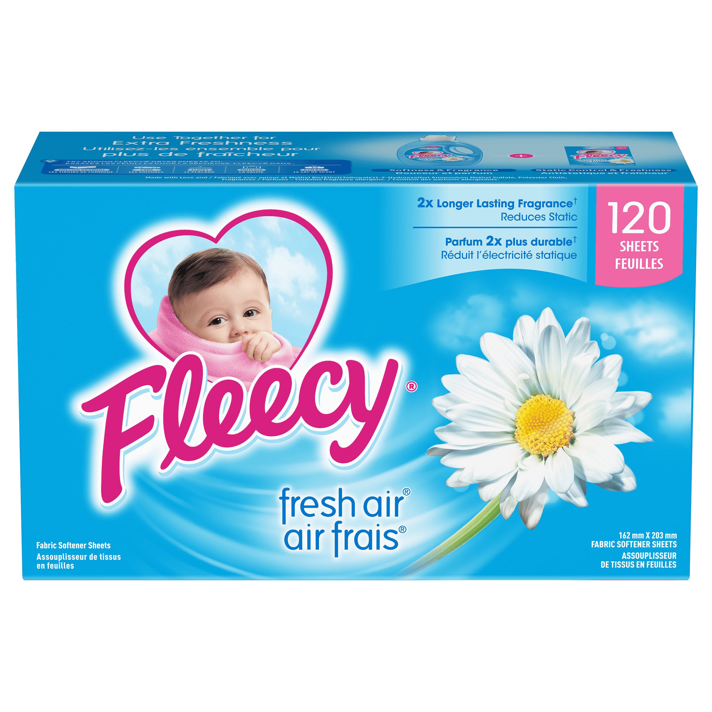 Fleecy Feuilles Assouplissantes pour Sécheuse, Assouplissant à Linge, Parfum Air Frais, 120 feuilles