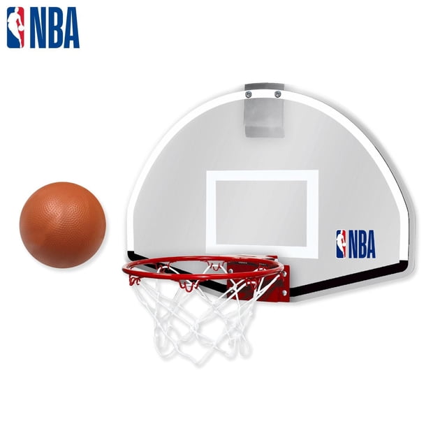 NBA 18" Elite Over-the-Door Basketball Hoop Set with clear polycarbonate backboard featuring white target square and NBA logo, red metal spring-loaded rim with white net, and included orange inflatable basketball, suitable for indoor use in homes or offices.