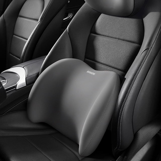 RXIRUCGD Lumbar Pillows Lumbar Support Pillows for Office Chair, designed with ergonomic memory foam for back pain relief and spinal alignment. Shown in grey, placed on a car seat with a contoured shape for comfort. Features a breathable 4D mesh cover and portable storage bag, suitable for cars, office chairs, beds, and travel.