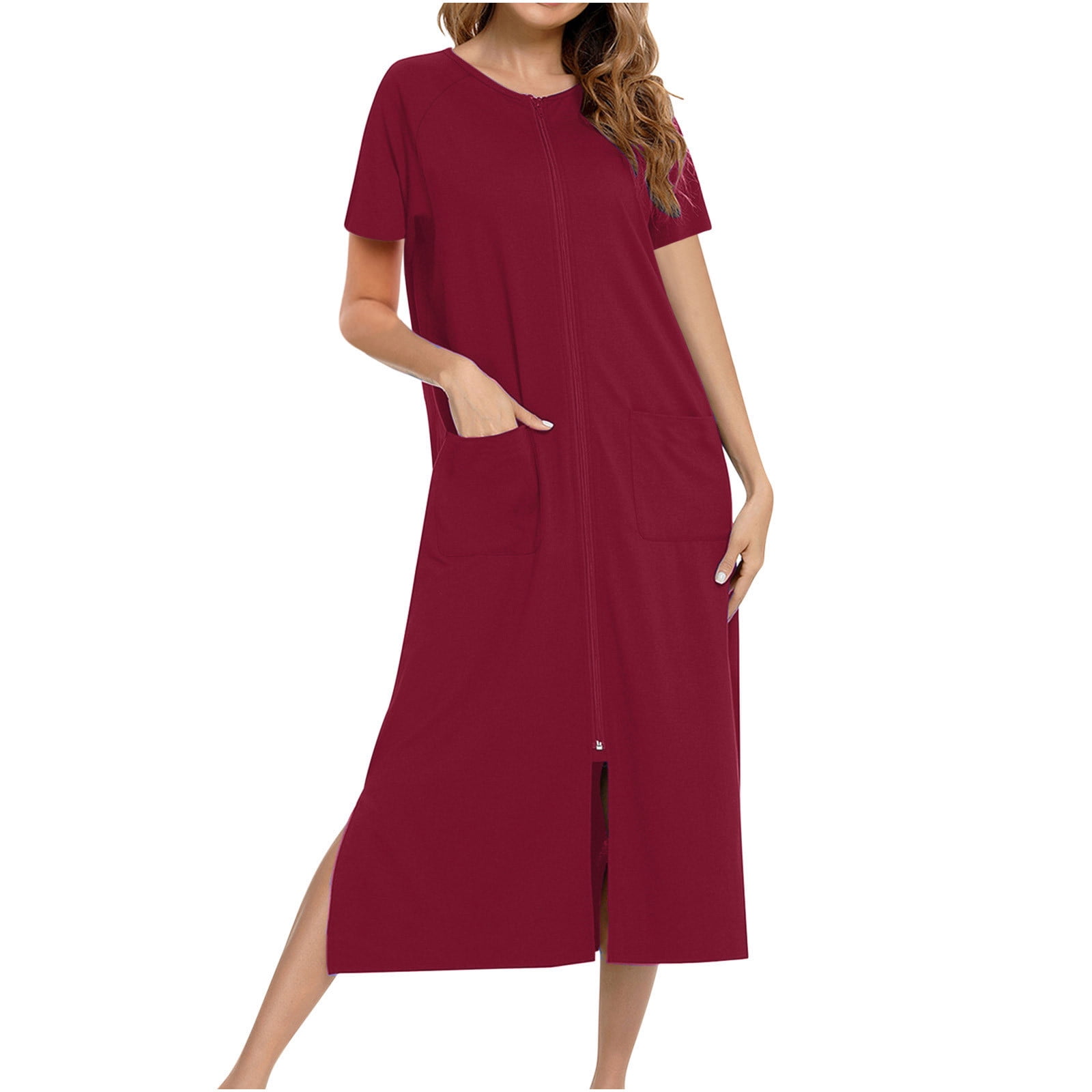 Timegard Vêtements de Nuit pour Femmes Manches Courtes Col Rond Chemises de Nuit Fente Latérale Fermeture Éclair Tenue de Détente avec Poches