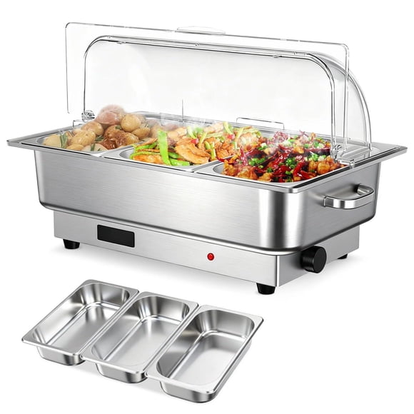 Electric Chafing Dish Buffet Set,3 x 3 QT Stainless Steel Food Warmers, 600W Digital Display Temperature Control Serving Trays for Parties Catering Weddings, Sections Dishwasher Safe