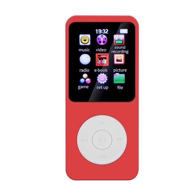 Estbridge MP3 Player with a 1.8-inch color screen, shown in red with a circular control pad below the display. This portable music player supports Bluetooth 5.4, FM radio, voice recording, e-book reading, and multiple audio formats like MP3, FLAC, and WAV. Compact design with physical buttons for intuitive operation and expandable storage up to 128GB.
