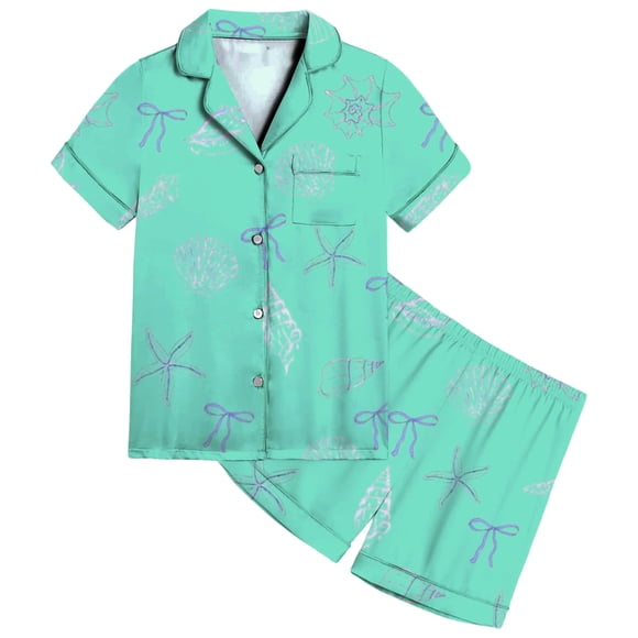 TBWNWG Girls Sleepwear & Robes Comfortable Satin Pajama Set for Kids with Ocean Bow Print - for Daily Casual Wear and Relaxing,Sizes 8-9 Years