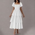 thumbnail image 4 of yoeyez Robes d'Été pour Femmes à Manches Courtes Volantées, Encolure Carrée, Robe Midi Smockée, à Étages, Plage, Vacances, Fluide, Coupe Évasée, Blanc, G, 4 of 7