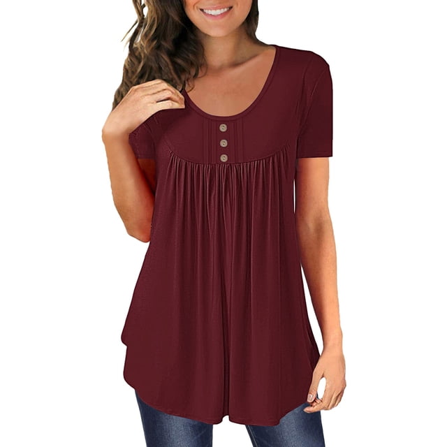 Baberdicy Ruched Tunic Tops for Women - Casual Short Sleeve Blouses (Leggings Matching, Spring/Summer Outfits) Wine S