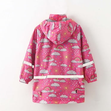 Cameland Girls Coat Rainy Season Children's Raincoat Jacket Cute Print Hooded Mid-length Jacket With Pockets