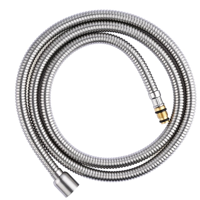 Pull-Down Kitchen Faucet Replacement Hose with Stainless Steel Docking by LIVINGbasics®. A 59-inch silver stainless steel hose featuring a brass connector and durable construction. Compatible with LVB-FC-2H07S-BN pull-down faucets. Designed for easy installation and a lead-free, non-toxic inner PE hose for safe use.