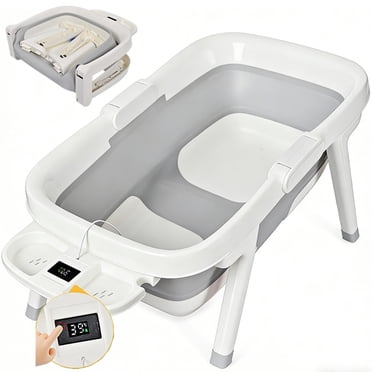 Foldable Baby Bath Tubs, Large Size 70x40x21.5cm Baby Bathtub for Ages up to 36 Months, Portable Travel Baby Tubs with Temperature Sensor and Drain Hole, Grey