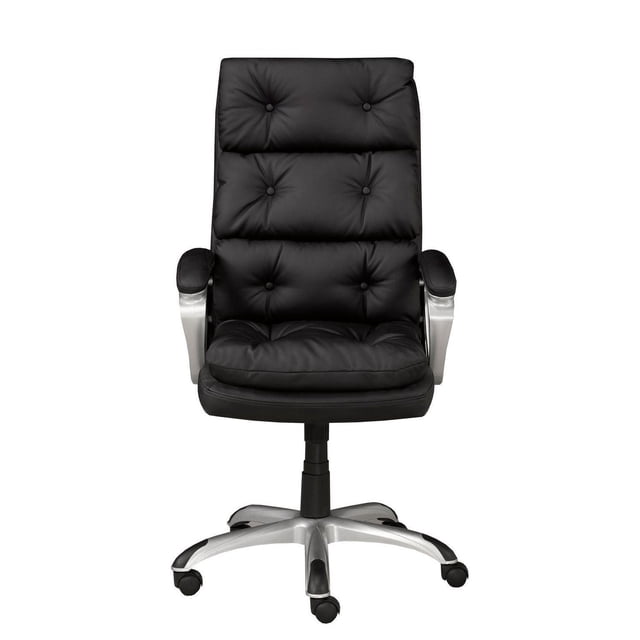 Tiffany Office Chair, Black, ergonomic high-backed desk chair with tufted black fabric upholstery, padded headrest, curved armrests, tilt mechanism, gas lift, and a silver five-star base with rolling castors for smooth movement, suitable for home office use.