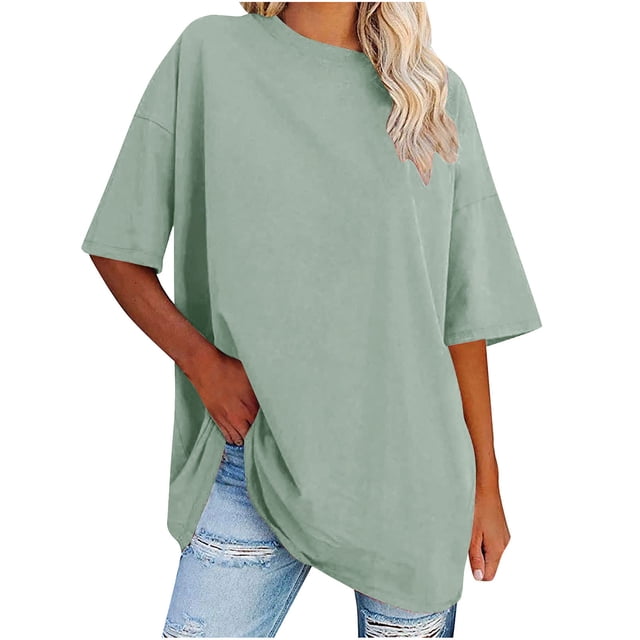 Plebaso T-Shirts Surdimensionnés pour Femmes 2025 Manches Courtes Hauts Amples Col Rond Décontracté Uni T-Shirts Basiques pour Femmes
