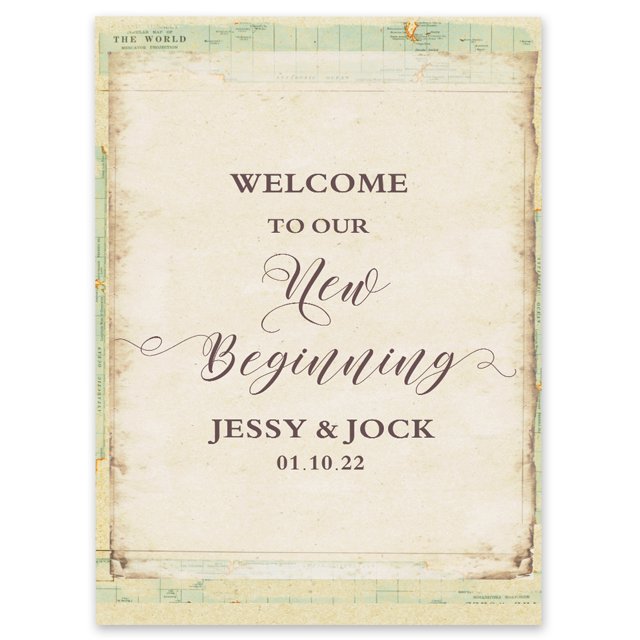 Darling Souvenir MADE WITH LOVE Personalized Welcome Sign/ Banner, Welcome To Our New Beginning Custom Vintage Handmade Paper Wedding, Engagement Party Sign - 18x12