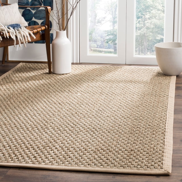 Safavieh Natural Fiber Collection NF114A Border Basketweave Seagrass Area Rug, 3' x 3' Square, Beige