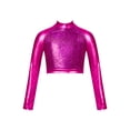 thumbnail image 1 of RUNQHUI Enfants Filles Col Roulé Métallique Danse Crop Top Paillettes Manches Longues pour Danse Raves Festivals Sports Rose Vif 10, 1 of 5