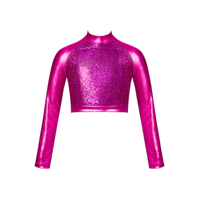 RUNQHUI Enfants Filles Col Roulé Métallique Danse Crop Top Paillettes Manches Longues pour Danse Raves Festivals Sports Rose Vif 10