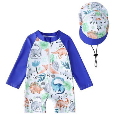 Zanarzt One Piece Bathing Suit Toddler Baby Boy Rash Guard Swimsuit Long Sleeve Zipper Bathing Suit with Hat Beach Swimwear Sky Blue,2-3 Years