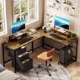 thumbnail image 1 of GIKPAL Bureau d'Ordinateur en Forme de L, Bureau de Jeu Réversible avec Tiroirs, Bureau d'Angle avec Étagères de Rangement et Support pour Moniteur, Poste de Travail pour Bureau à Domicile, Marron, 1 of 10