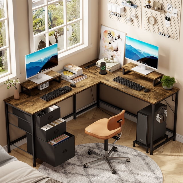 GIKPAL Bureau d'Ordinateur en Forme de L, Bureau de Jeu Réversible avec Tiroirs, Bureau d'Angle avec Étagères de Rangement et Support pour Moniteur, Poste de Travail pour Bureau à Domicile, Marron