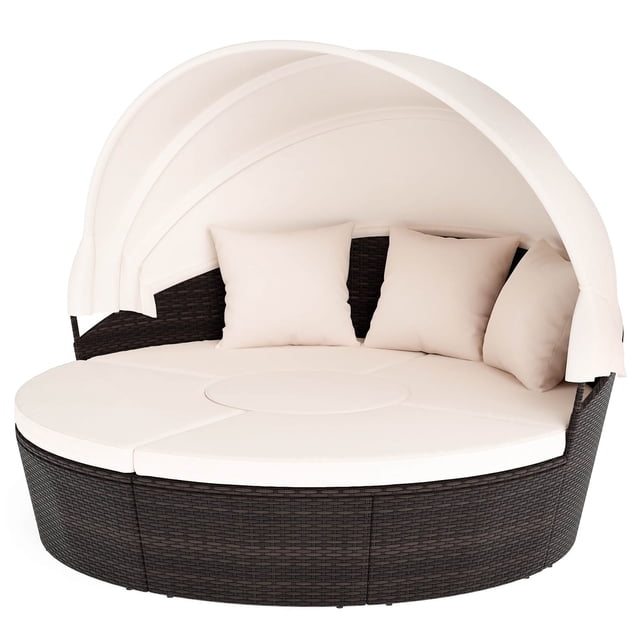 Gymax Lit de Jour Rond pour Patio en Rotin PE avec Coussins, Sectionnel, avec Auvent Rétractable, Extérieur