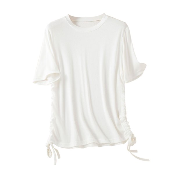 Birdeem Womens Solid Round Neck Threaded Cotton Slim Fitting Drawstring Top Short Sleeved Round Neck Top/Shirt