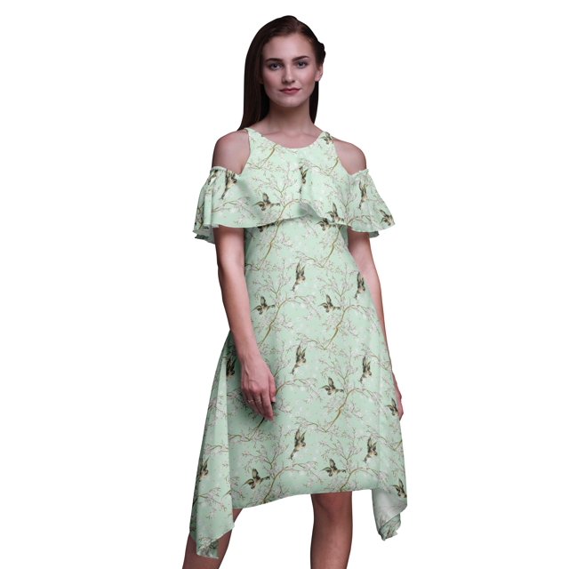 Bimba Robe Droite à Épaules Dénudées Style Chic Imprimé Oiseau Vert pour Femmes Tunique d'Été - X-Small